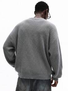 Maglione girocollo a costine SUMWON da uomo con logo frontale, casual, a maniche lunghe, oversize, in maglia grigia tinta unita per l'autunno e l'inverno - Grigio - Visualizzare 3