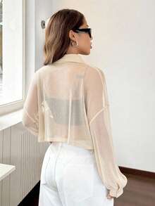 SHEIN EZwear 針織透視亮片網眼女款短版上衣外套 透視襯衫 透視上衣 網眼上衣 - 杏色 - 查看 2