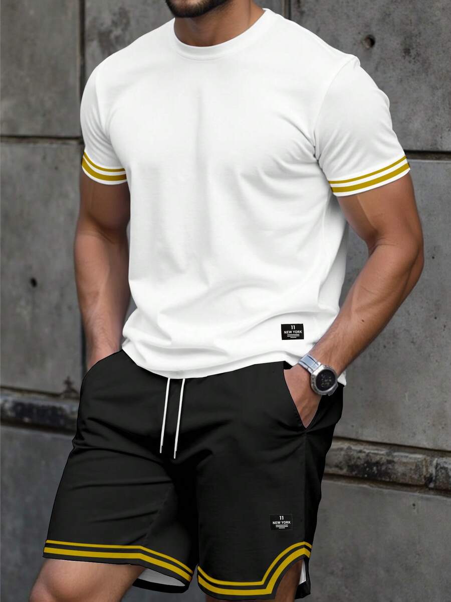 Manfinity Homme 男士字母印花圆领短袖休闲T恤和抽绳腰短裤套装 - 黑與白 - 查看 1
