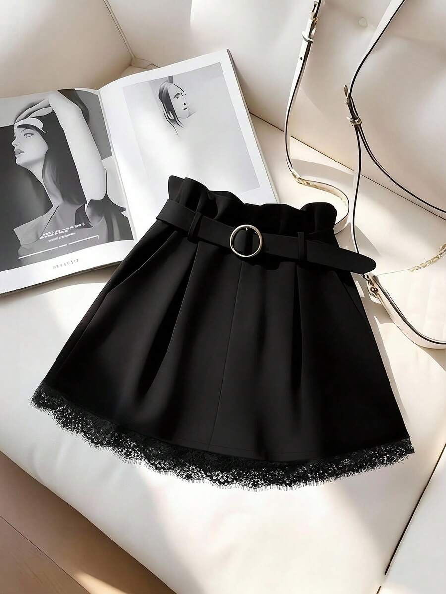 SHEIN Franclia Waist Ruffle Hem Contrast Lace Trim Skirt - Black - View 1