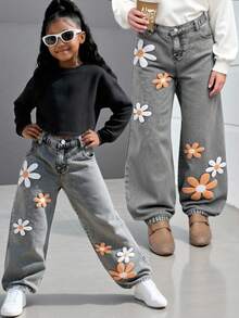 Jeans ampi da ragazza stile Y2K, jeans oversize a gamba larga, jeans ampi da ragazza, jeans larghi, nuovi arrivi 2025, jeans stile estetico con fiocchi di neve, lavati, strappati, ricamati, pantaloni a zampa, jeans con fiori, jeans carini con margherite per bambine stile anni '90, jeans grigi larghi e comodi, con fiori bianchi e marroni - Grigio - Visualizzare 7