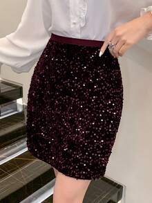 DAZY Jupe de fête à taille haute et pailletée de couleur unie, glamour pour le carnaval - Rouge foncé - Voir 4