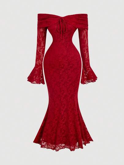 SHEIN MOD فستان ماكسي أنيق بدون كتف من الدانتيل اللون المشمشي للمرأة بمقاسات كبيرة، مناسب لرأس السنة، عيد الحب، المواعدة، الحفلات، الاستخدام اليومي، العطلات الأنيقة