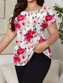 Reflora 休闲浪漫印花大码女式短袖衬衫，适合新年和情人节穿着 - 白色 - 查看 6