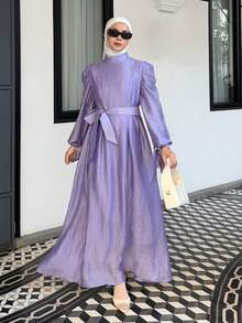 DAZY Women's Elegant Solid Color Stand Collar Puff Sleeve Belted Long Dress, Spring/Summer Vacation Maxi Dress Sundress - Purple - View 1