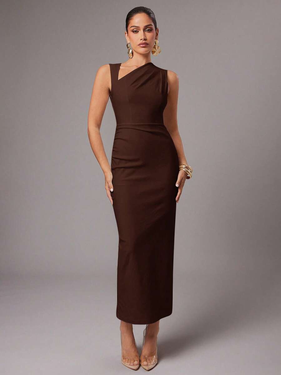 Silquee Vestido ajustado de unicolor con cuello asimétrico y drapeado, elegante - Café integral - Ver 1