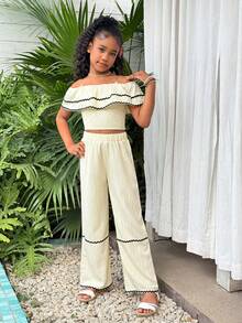 Tween Girls' Holiday Spring/Summer Ruffled Trim Black & White Contrast Wavy Strap Cropped Off-Shoulder Top + Loose Wide-Leg Woven Pants Shirt Set - Apricot - View 3