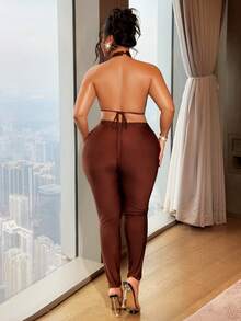 NU&NOW Plus Size Women's Sexy Hollow Pleated Backless Halter Jumpsuit, Valentine's Day - Brown - View 3