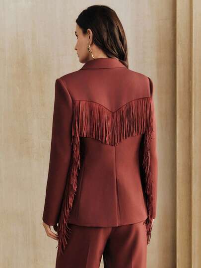 Anewsta Urban Chic Retro Commuter Office Lapel Long Sleeve Asymmetrical Fringe Decor Women Blazer Jacket + High Waist Drape Women Long Suit Pants, Women Suit Set