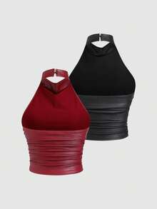 Sweetra Women's Fashionable Sexy Halter PU Leather Party Crop Top 2 Pieces Set