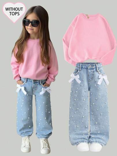Young Girl Elegant Light Washed Distressed Bowknot High Waist Baggy Denim Straight Leg With Pocket Insert,Faux Pearl,And Frayed Hem Jeans, For Spring And Summer Vacation Festival,Summer Beach Boho Vacation Wide Leg Jeans,New Year,Christmas Jeans For New Year's Eve,Streetwear Vintage,Comfortable And Versatile