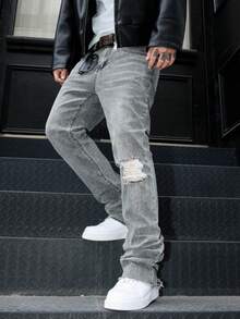 Manfinity LEGND Męskie jasnoszare, sprane jeansy z podkową w dopasowanym kroju - Jasnoszary - Zobacz 4