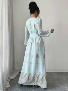 Yasmyna Women's Elegant Floral Print Cross V-Neck Belted Lantern Sleeve Dress - Green - View 3