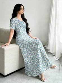 Al Najma Đầm ngắn tay cổ chữ V in họa tiết lá cây thắt nơ dành cho nữ, kiểu dáng thanh lịch, thích hợp cho mùa xuân/hè. - Nhiều màu - Xem 5