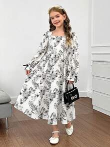 SHEIN Firerie Kids Tween Girl Floral Printed Pattern Long Sleeve Dress - Black and White - View 5