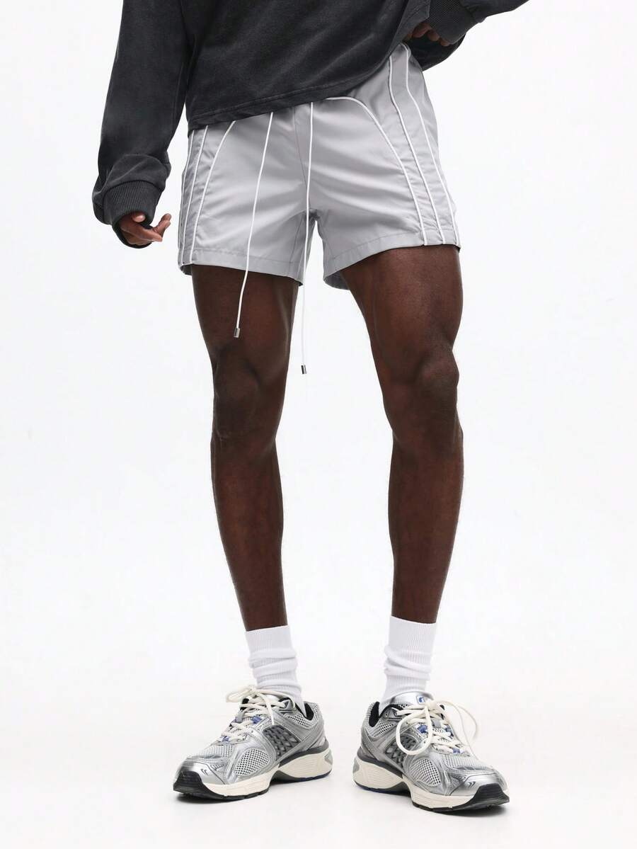 SUMWON 男士宽松浅灰色短裤，抽绳腰带，侧边口袋，适合休闲夏季街头穿着，舒适百搭 - 灰色 - 查看 1