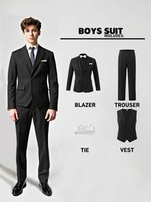 SHEIN 5pcs/Set Teen Boy Gentleman Suit, Includes Blazer Jacket + Slim Fit Vest + Dress Pants + Bow Tie + Pocket Square, Elegant High-End Formal Outfit Suitable For Birthday Party, Gala, Performance, Hosting, Wedding Season, Birthday, Wedding, Graduation - Black - View 4