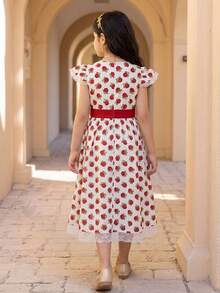 SHEIN Gaun Kasual Lengan Pendek Leher Bulat Motif Bunga Tenun Warna Blok untuk Anak Perempuan Remaja - Aprikot - View 2
