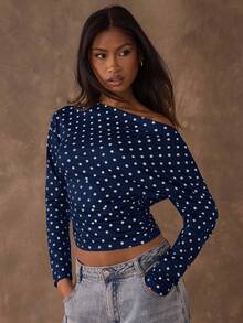 SHEIN BAE Women's Polka Dot Print Ruched Asymmetric Collar Long Sleeve T-Shirt - Navy Blue - View 5