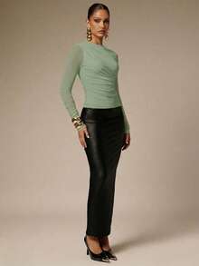 Silquee Kaos Wanita Elegan Berlipit, Pas Badan, Warna Polos, Musim Semi/Gugur - Mint Green - View 5