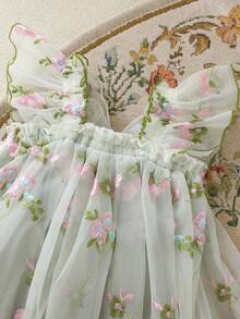 Cozy Pixies 女婴/幼儿花朵刺绣网纱露背蝴蝶装饰公主风无袖吊带连衣裙，可爱甜美，卡通风格，适合玩耍、休闲穿着、外出等场合。 - 彩色 - 查看 6