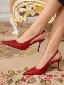 CUCCOO TILAWA Women's Fashionable Elegant Party Glitter Pointed Toe Pumps Valentine's Day - Red - View 1