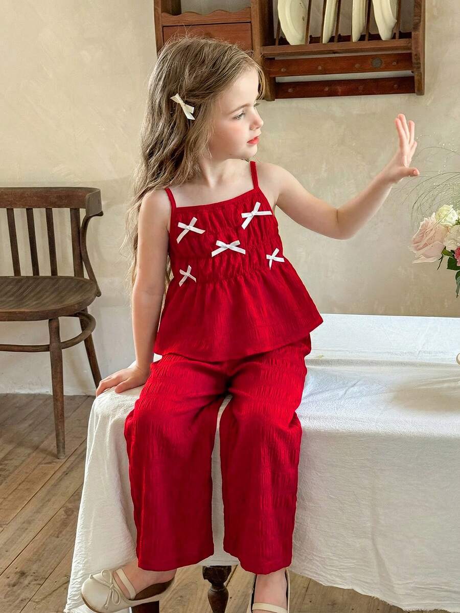 LMoss Kids 2 pièces Ensemble top camisole de couleur unie tressé et pantalon ample décontracté pour jeune fille
