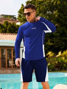 Manfinity Swimmode 2 件男士字母印花插肩袖长袖防晒衣和短裤泳衣套装，夏威夷风