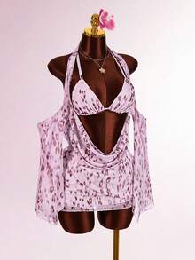 Amplova Women's Printed 2 Pieces Set, Plunging Neckline Sexy Long Sleeve Flare Sleeve Dress With Built-In Triangle Bra, Suitable For Vacation - Multicolor - View 7