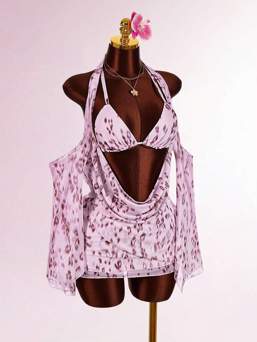 Amplova Women's Printed 2 Pieces Set, Plunging Neckline Sexy Long Sleeve Flare Sleeve Dress With Built-In Triangle Bra, Suitable For Vacation - Multicolor - View 1