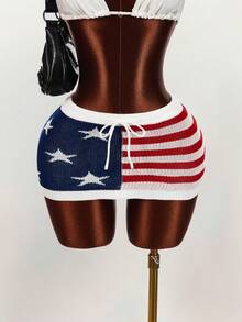 Amplova Star & Stripe Pattern Knitted Mini Skirt, Low Waist - Multicolor - View 3