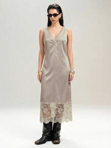 LYSMO Đầm nữ kaki dài ngang gối cổ chữ V phối ren, đầm midi nữ mùa xuân/hè, đầm slip nữ, đầm maxi ren nữ, đầm midi nữ - Màu Khaki - Xem 3