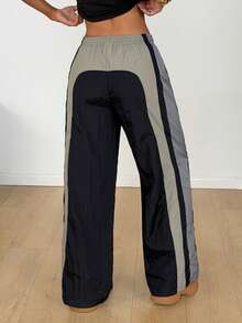 SHEIN EZwear 女士休闲日常通勤时尚街头撞色抽绳腰侧口袋宽松阔腿裤 - 彩色 - 查看 2