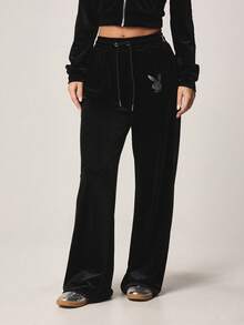 Missguided x Playboy Velour Wide Leg Joggers With Rhinestone Logo Elastic Waistband Drawstring Closure Comfortable Lounge Pants - Black - View 4