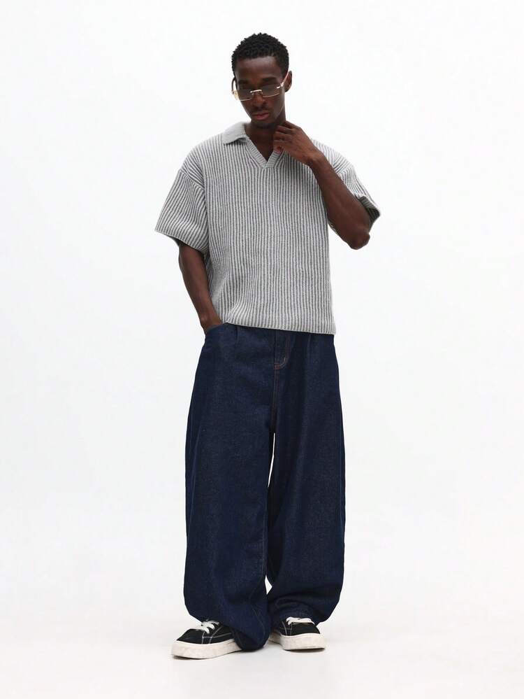 Short Sleeve Ribbed Knit Polo With Collar