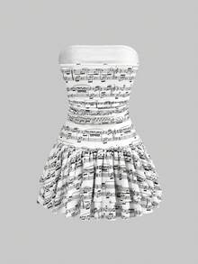 ROMWE Kawaii Vestido mini ajustado de mujer con estampado completo de notas musicales Y2K, contraste de color y volantes de encaje en el bajo - Blanco - Ver 2