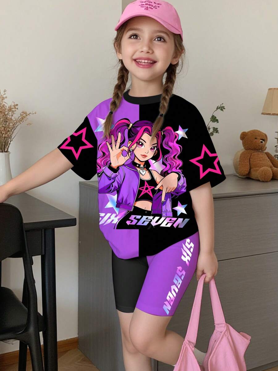 SHEIN 两件套少女休闲时尚韩流风字母、星星和数字67印花圆领宽松T恤和骑行短裤,适合外出、度假、演唱会等场合。 - 彩色 - 查看 1