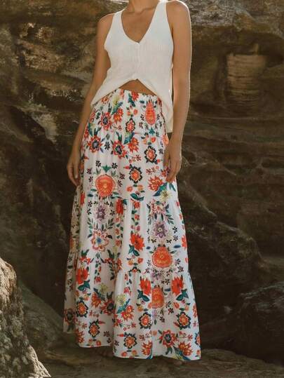 SHEIN Holidaya 2026 Trending Women's Smocked Maxi Midi Skirt - Ditsy Floral Print Flowy High-Waisted Minimalist Skirt For Casual Office Vacation