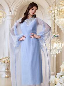 Al Najma Đầm maxi dài kiểu Thổ Nhĩ Kỳ cổ điển màu xanh nhạt dành cho nữ, áo choàng dài truyền thống Ả Rập. - Màu xanh lam - Xem 2