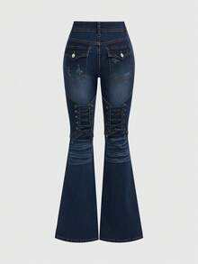 ROMWE Grunge Punk Quần jeans ống loe ôm sát, phối màu theo phong cách Y2K Millennium Babe dành cho nữ. - Màu xanh lam - Xem 1