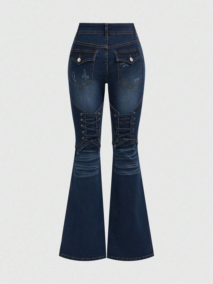 ROMWE Grunge Punk Quần jeans ống loe ôm sát, phối màu theo phong cách Y2K Millennium Babe dành cho nữ. - Màu xanh lam - Xem 1
