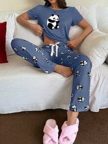 Dream Adore Women Panda Print Short Sleeve Top And Pants Pajama Set - Blue - View 6