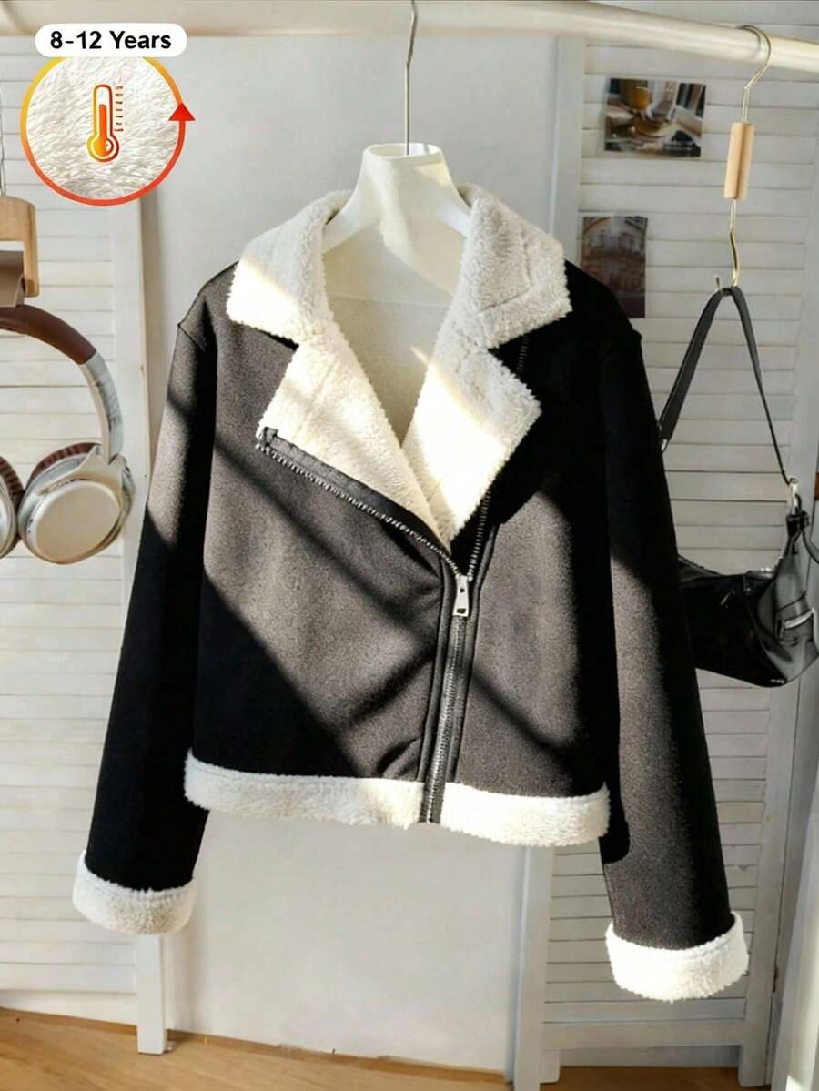 SHEIN 少女休闲百搭保暖外套，斜拉链设计，翻领，毛绒袖口和下摆，适合上学、通勤、外出等场合，可搭配长袖上衣、长裤或运动裤。 - 黑色 - 查看 1
