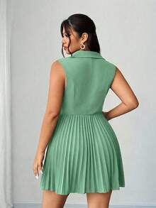 SHEIN Elenzya 大码女士优雅无袖褶皱迷你连衣裙，酒红色，适合圣诞节、新年派对、休闲商务、春秋季穿着。 - 綠色 - 查看 3