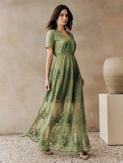 Anewsta Vestido largo de encaje verde elegante para mujer, adecuado para vacaciones en la playa, primavera/verano