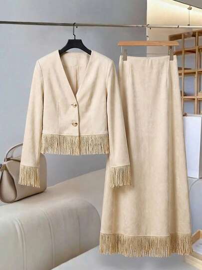 Heiryn Women's Elegant 2 Pieces Set: Fringe Hem Metal Button Jacket And Mini Skirt Fringe Blazer Fringed Skirt Fringe Two Piece Set Long Skirt Set Tassel Outfit Skirt Suits For Woman 2 Piece Skirt Sets Woman Elegant 2 Piece Set