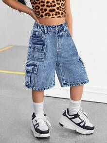 SHEIN Young Girl High Waist Multi-Pocket Loose Fit Wide Leg Casual Jeans - Light Wash - View 5