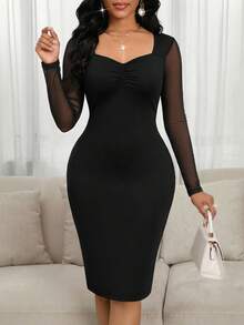 SHEIN Lady 女士优雅网纱拼接修身中长连衣裙 - 黑色 - 查看 5