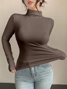 DAZY 女士紧身保暖高领T恤 - 灰色 - 查看 4