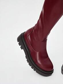 ROMWE Women's Black Elastic Boots, Dark Rock Punk Goth Style, Platform Thick Sole Motorcycle Boots, Leather Riding Over-The-Knee Boots Valentine's Day - Matte burgundy - View 2